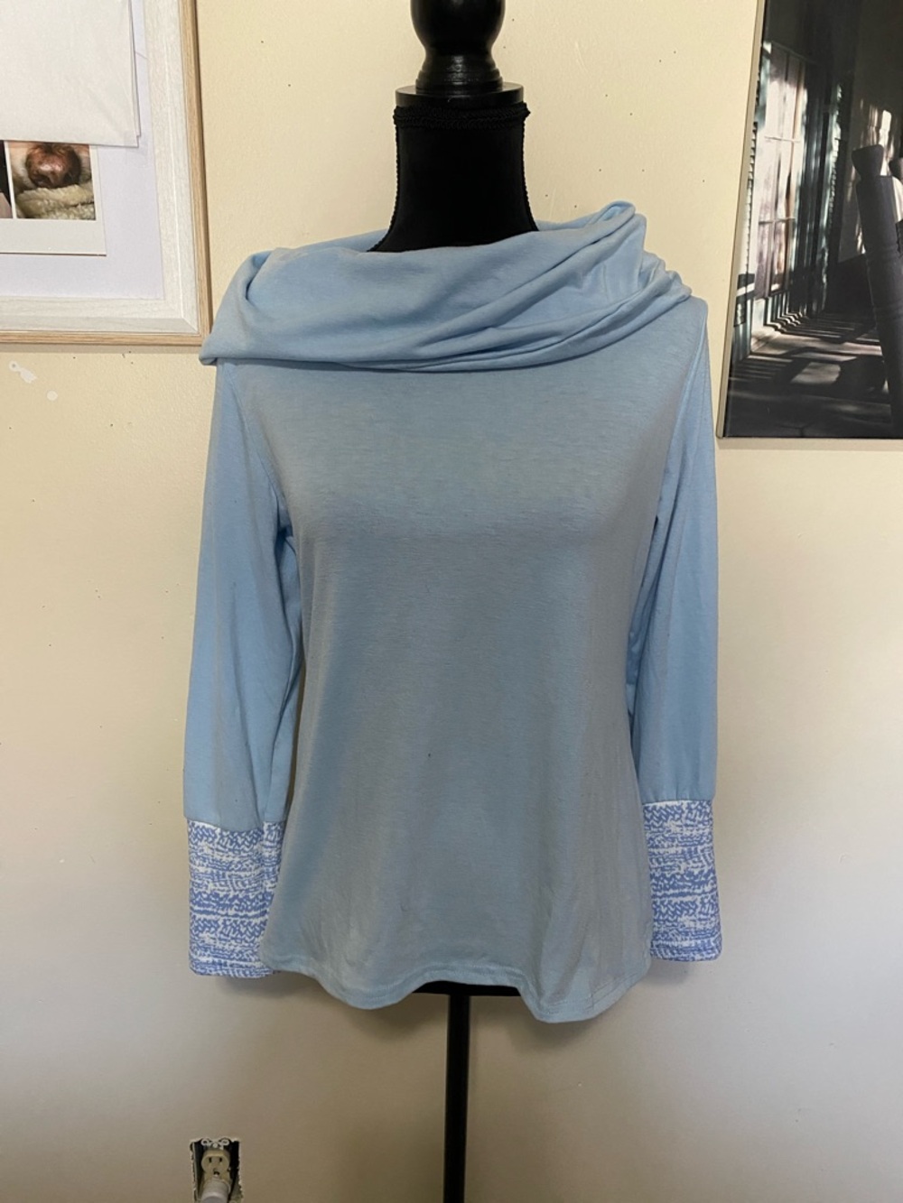 Source Unknown Light Blue Draped Cowl Neck Long Sleeve Tee with Patterned Cuffs